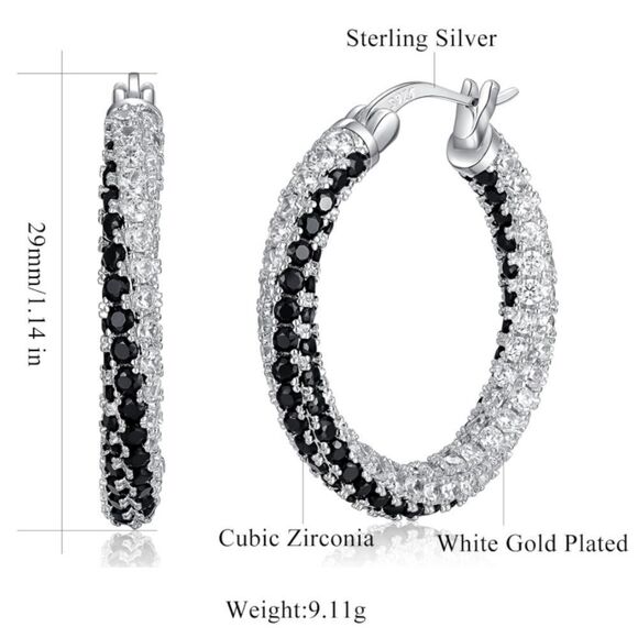 14K White Gold 925 Silver Black Onyx and Diamond Cubic Zirconia Hoop Earrings - Picture 6 of 6